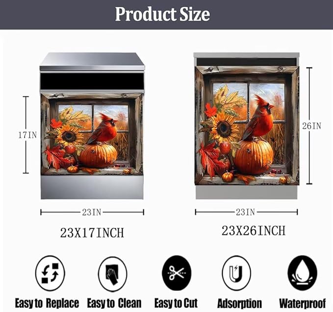 Dishwasher Magnetic Cover, Cardinal Bird Dishwasher Magnet Kitchen Decor, Pumpkin Dishwasher Cover Magnetic Refrigerator Sticker Holiday Decal, 26"x26"