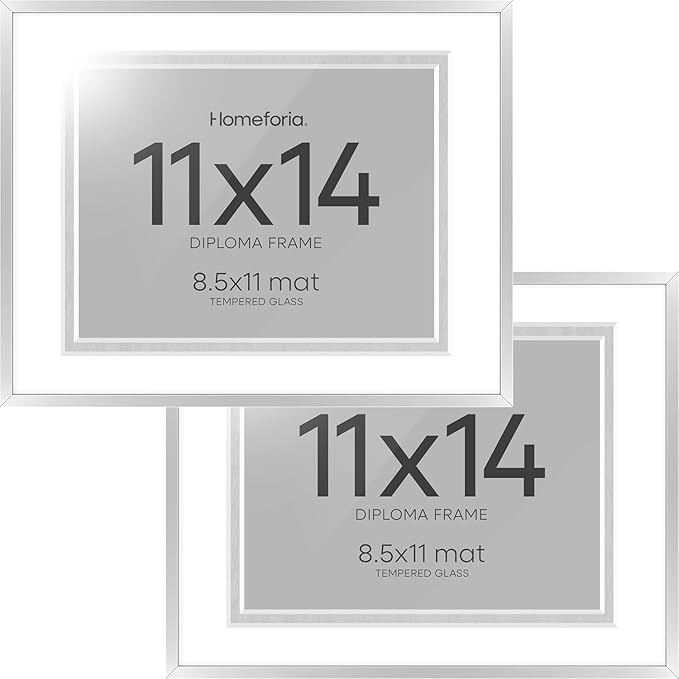 Homeforia 11x14 Diploma Frame Silver, High End Metal 11 x 14 Certificate Frames with Mat 8.5 by 11, 11by14 Document Frame Matted to 8.5x11, Award Graduation Frames, Tempered Glass, Wall Kit, Set of 2