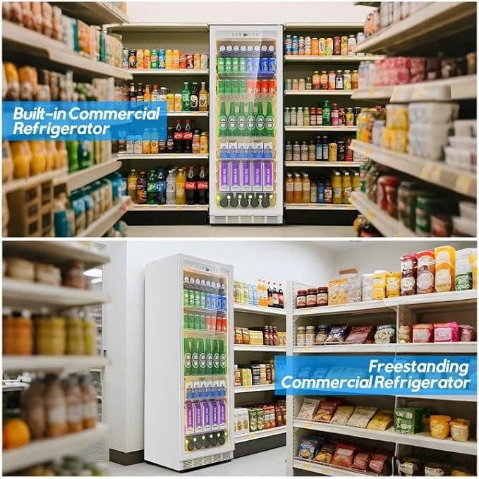 Commercial Display Beverage Fridge: 13.8 Cu Ft Upright Cooler with Glass Door, LED Lighting, Low Noise, and Rapid Cooling for Restaurants, Shops, and Offices (White)