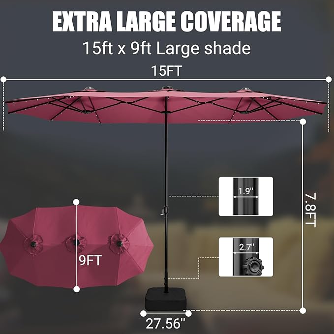 LEVELEVE 15FT Large Patio Umbrella with Base & Solar LED Lights - Double-Sided,Red