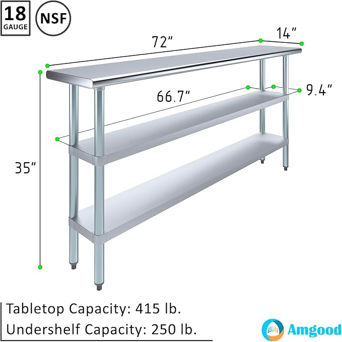 AmGood Stainless Steel Work Table with 2 Shelves | NSF | Metal Utility Table (72" Long x 14" Deep)