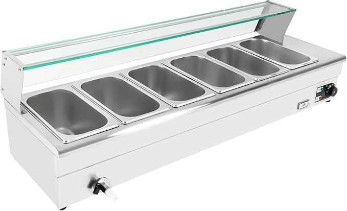 DYNAMI 110V 1200W 6 Pan Commercial Buffet Food Warmer, 6 x 3.1QT 1/3 GN 6in Deep Stainless Steel Electric Countertop Steam Table with Glass Cover & Temperature Control,for Parties Buffet Catering