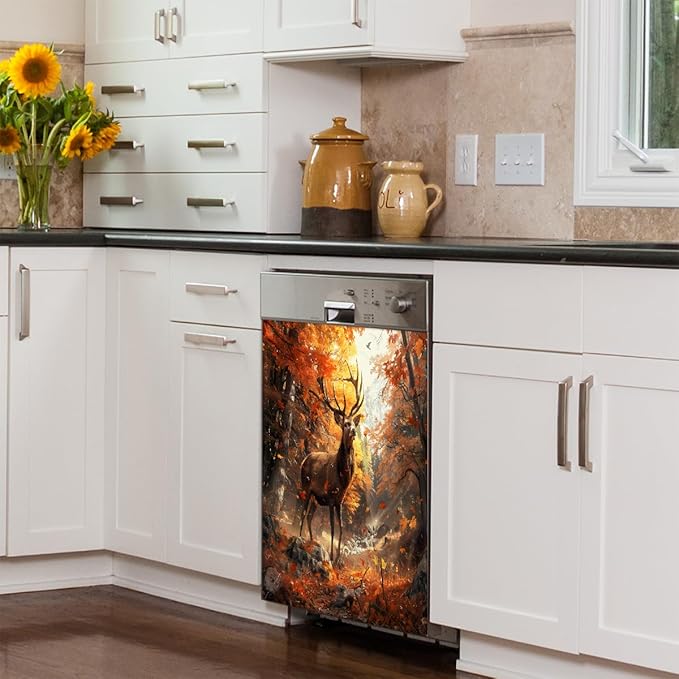 Dishwasher Magnet Cover Front Dishwasher Cover Decoration Reusable Magnetic Door Cover Panel Decal Home Appliances Stickers Kitchen Refrigerator Fridge Autumn Forest Deer 23"x26"