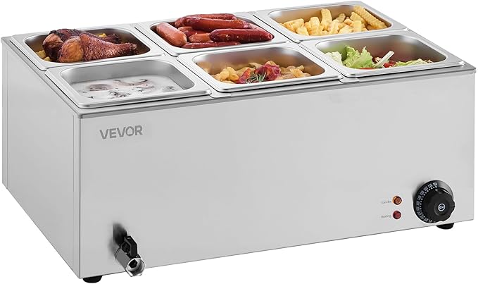 VEVOR 6-Pan Commercial Food Warmer, 24QT Electric Steam Table, 1200W Professional Countertop Stainless Steel Buffet Bain Marie with 86-185°F Temp Control for Catering and Restaurants, Silver