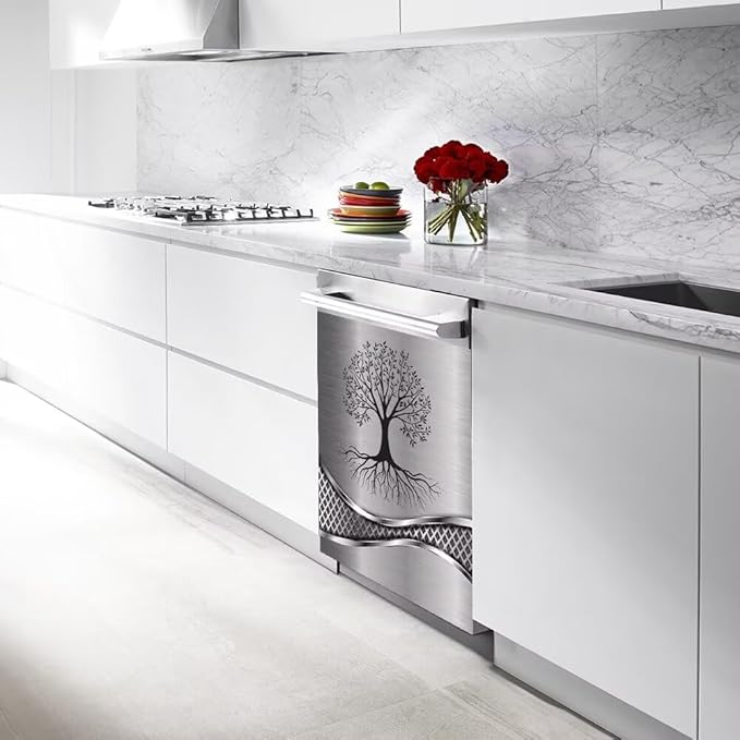 Stainless Steel Design Tree Painting Magnetic Dishwasher Cover Sticker,Kitchen Decor Magnet Cabinet Fridge Panel Decal Sticker 23W x 17H inchs
