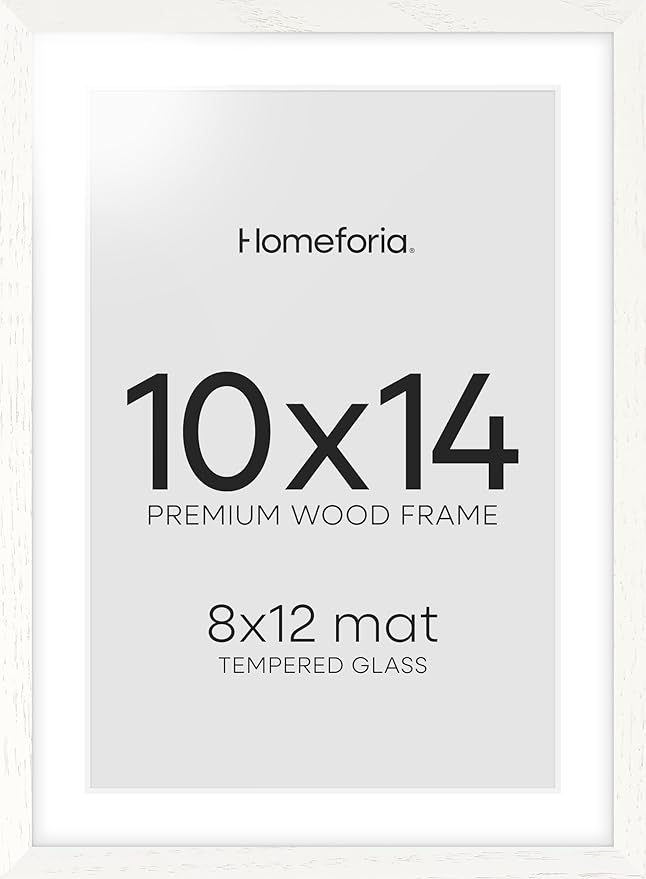 Homeforia White Frame 10x14 Wood, High End Oak 10x14 Picture Frames with Mat 8x12, 10 x 14 White Wooden Poster Frame Matted to 8 x 12 inch Photo, 14by10 Thin Frames, Tempered Glass, Wall Kit, Set of 1