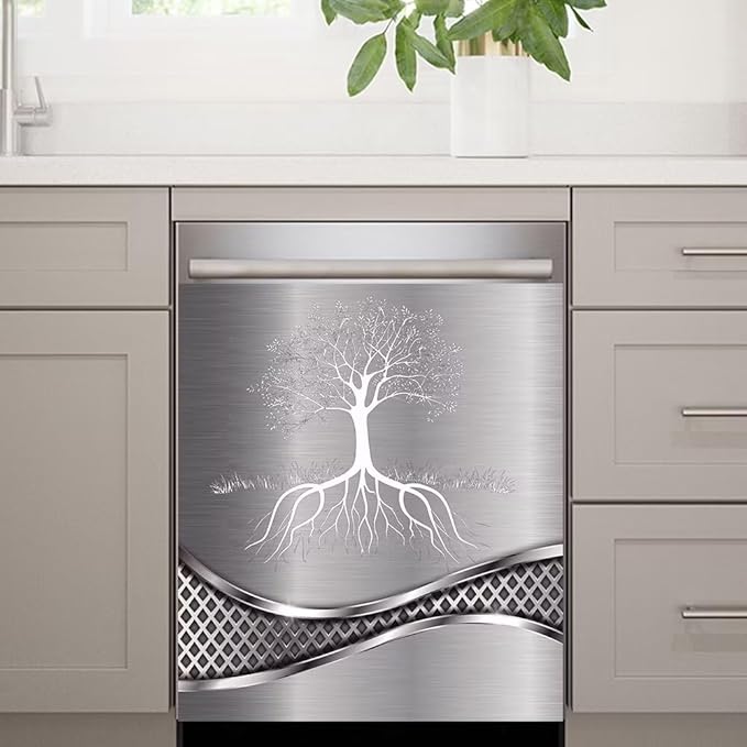 Stainless Steel Design Tree Wallpaper Dishwasher Magnetic Cover Sticker Refrigerator Door Panel Fridge Appliance Magnet Decal Sheet Kitchen Decor 23x26 inch