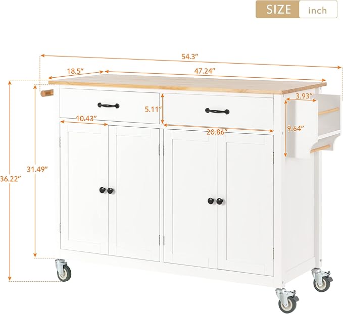 Favfurish Kitchen Island Cart on Locking Wheels with 4 Cabinet and 2 Drawers, Rolling Coffee Bar Trolley w/Solid Wood Tabletop, Adjustable Shelves, Spice & Towel Side Rack, for Dining Room, White