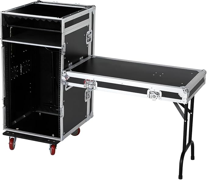 16u Dj Road Case, Recording Studio Rack Stand With Audio Mixer Stand & Wheels, Portable Media Storage Cabinet for Stage Performance Professional Audio Storage