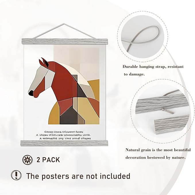 2 Pack Magnetic Poster Hanger Frame, 13x19 13x22 13x24 Light Wood Wooden Magnet Canvas Artwork Print Dowel Poster Hangers Frames Hanging Kit (Grey, 13", 2 Packs)