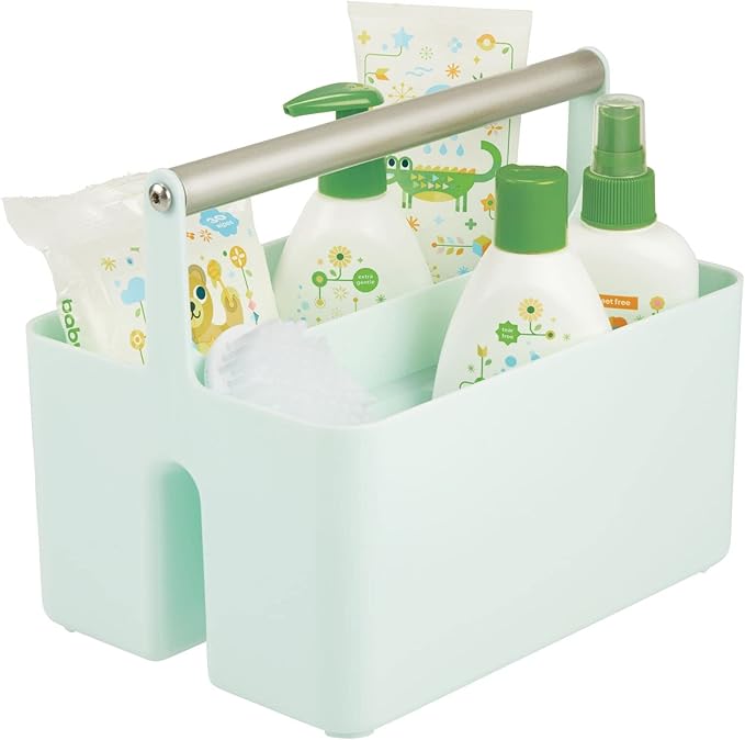 mDesign Plastic Shower Caddy Storage Organizer Utility Tote, Divided Basket Bin - Metal Handle for Bathroom, Dorm, Kitchen, Holds Soap, Shampoo, Conditioner - Aura Collection - Mint Green/Satin