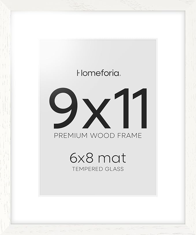Homeforia 9x11 Frame White Wood, High End Oak 9 x 11 Picture Frames with Mat 6 by 8 Print, 9by11 White Wooden Frame Matted to 6x8 inch Photo, Wall or Tabletop Frames, Tempered Glass, Wall Kit, Set of 1