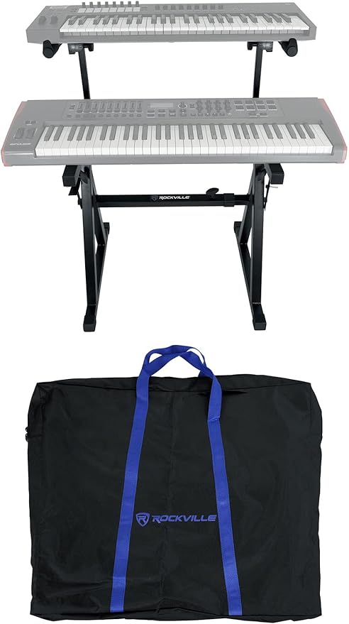 Rockville Z55 Z-Style 2-Tier Piano Keyboard Stand w/ Bag & Headphone Hook – Portable & Sturdy, Height & Width Adjustable, Fits 54/61/76/88-Key Electric Pianos & Keyboards – 250 lb Capacity