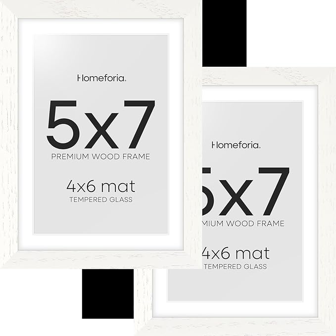 Homeforia White Picture Frames 5x7, High End Oak 5x7 Wooden Frame with Mat 4x6 Art, 5 x 7 White Wood Frames Matted to 4 x 6 inch Photo, 7by5 Wall or Tabletop Frame, Tempered Glass, Wall Kit, Set of 2