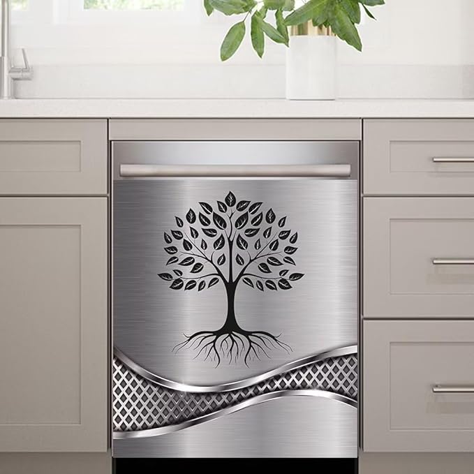 Imitation Stainless Steel Design Tree Pattern Magnetic Dishwasher Cover Sticker,Kitchen Decor Magnet Cabinet Fridge Panel Decal Sticker 23W x 26H inchs
