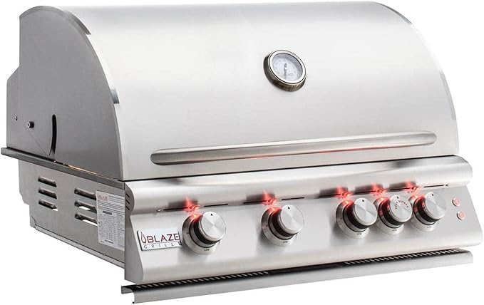 Blaze Premium LTE+ 32-Inch 4-Burner Built-In Propane Gas Grill | Stainless Steel Outdoor BBQ with Rear Infrared Burner, Rotisserie Kit, LED Control Knobs & Lift-Assist Hood | BLZ-4LTE3-LP