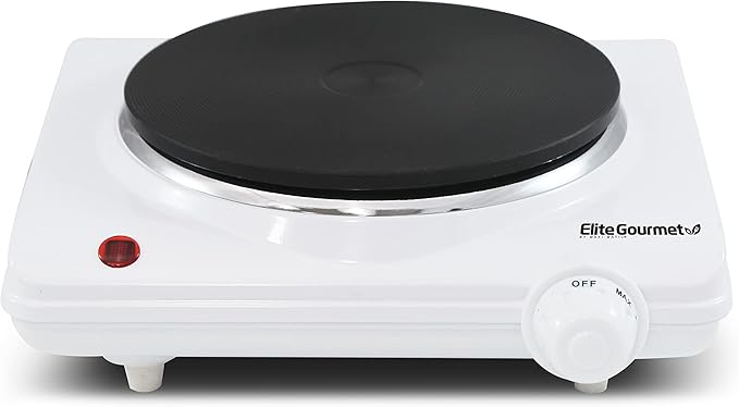 Elite Gourmet ESB-301F Countertop Single Cast Iron Burner, 1000 Watts Electric Hot Plate, Temperature Controls, Power Indicator Lights, Easy to Clean, White