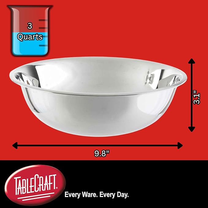 TableCraft 824 Stainless Steel Mixing Bowl, 3 Qt, Lightweight and Durable, Professional Grade for Baking and Prep, Ideal for Kitchens or Bakeries, 10" x 10" x 3", Silver