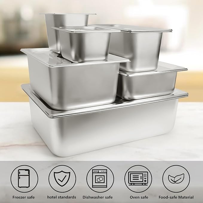 6 Set Stainless Steel Hotel Pans Full Size 6 Inch Deep With Lids, Anti-Jam Chafing Steam Table Pans, Catering Food Storage Metal Pan