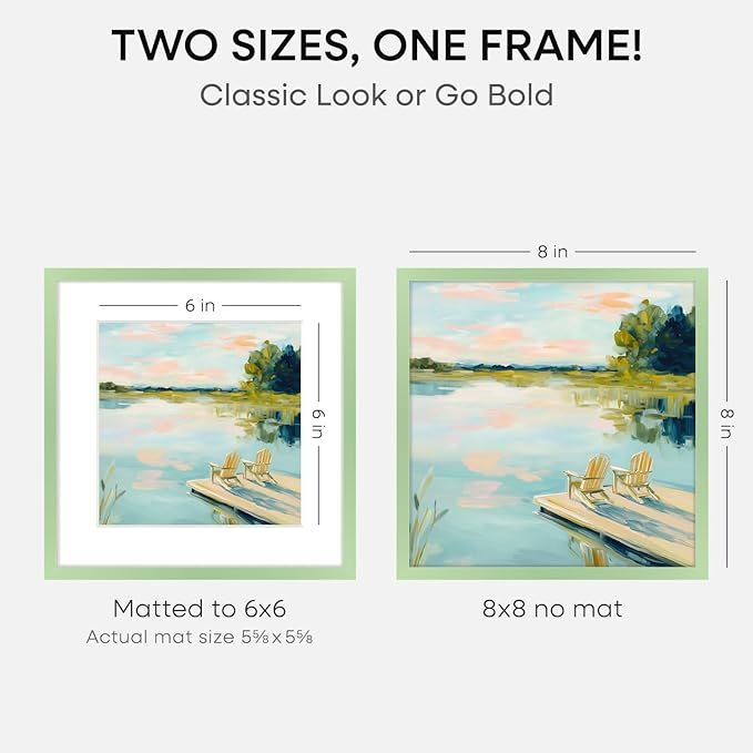 Homeforia 8x8 Sage Green Frame, High End Metal 8 x 8 Square Picture Frames with Mat 6 by 6 Photo, 8x8 Display Frame Matted to 6x6 Print, 8by8 Wall or Tabletop Frames, Tempered Glass, Wall Kit, Set of 2