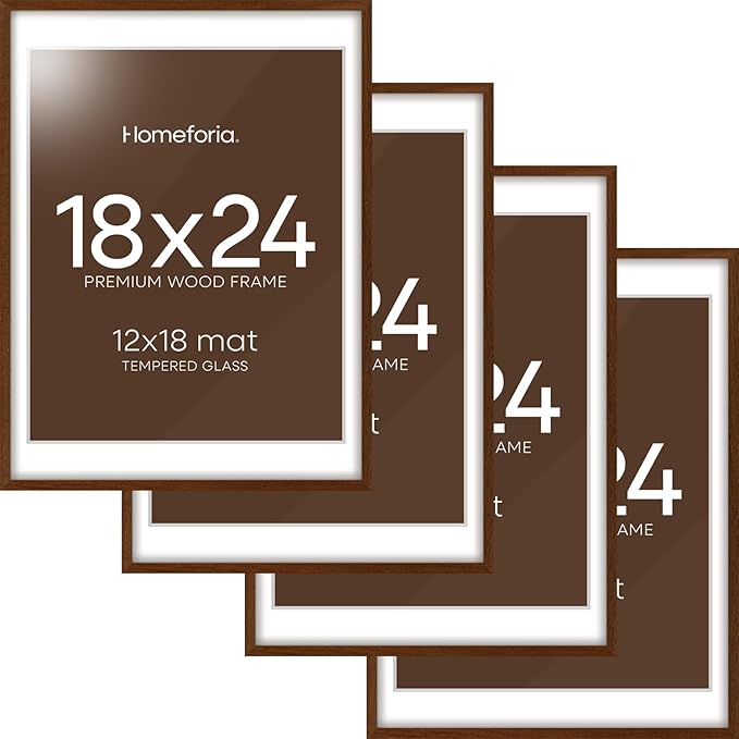 Homeforia 18x24 Walnut Poster Frame, High End Dark Oak 18x24 Brown Wooden Picture Frames with Mat 16x20, 18 x 24 Wood Frame Matted to 16 by 20, 24x18 Hanging Frames, Tempered Glass, Wall Kit, Set of 4
