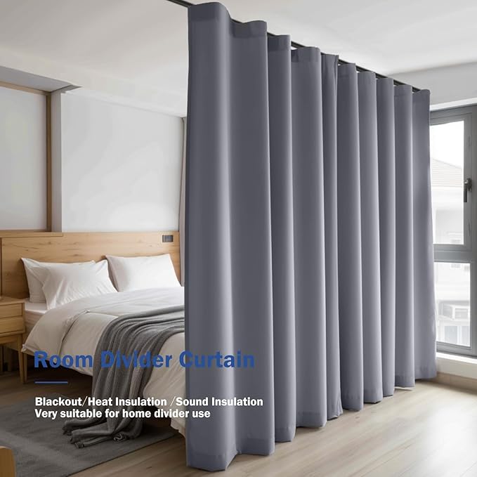Room Divider Blackout Curtain Track Curtains Wall Dividers Panels Screen for Living Rooms Bedroom Office Privacy Partition Separation, W180 × L120 Inch,1 Panel, Light Grey
