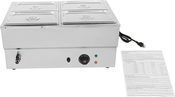4 Pan Commercial Food Warmer,110V Electric Stainless Steel Steam Food Warmer with Lid,Electric Bain Marie Countertop with Temperature Control for Catering,Restaurant,Party (Small 4-Pan)