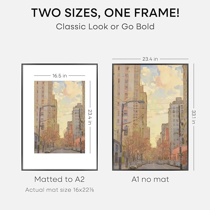 Homeforia A1 Poster Frame Black, High End Metal 23.4 x 33.1 inch Large Picture Frames with Mat 16.5 by 23.4 for Photo, A1 Size Frames Matted to A2 Print, 23.4x33.1 Thin Frame, Tempered Glass, Set of 2