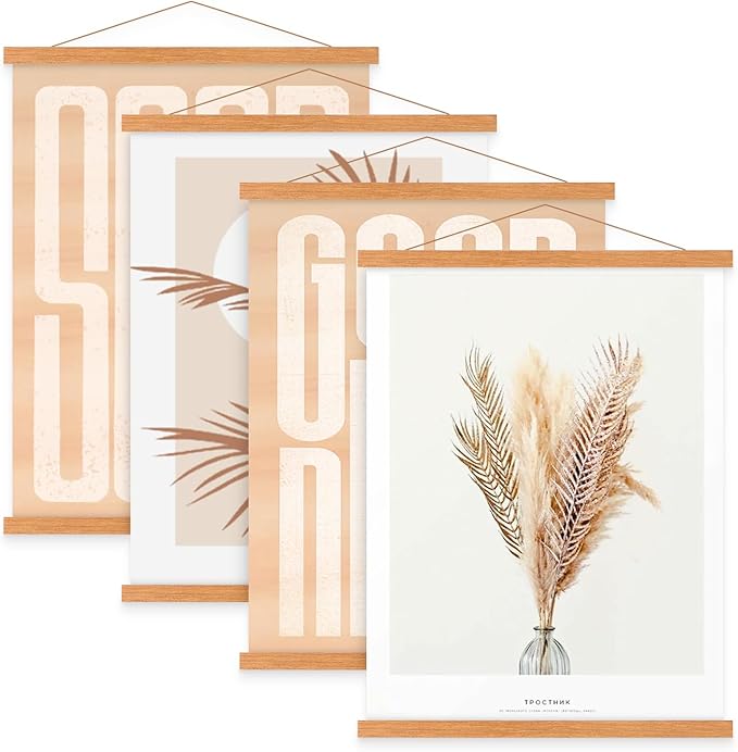 4 Pack 24x36 24x18 Poster Frame, Light Wood Wooden Magnetic Poster Hangers Frames for Photo Picutre Canvas Artwork Art Print Wall Hanging(4 Packs, 24", Teak Color)