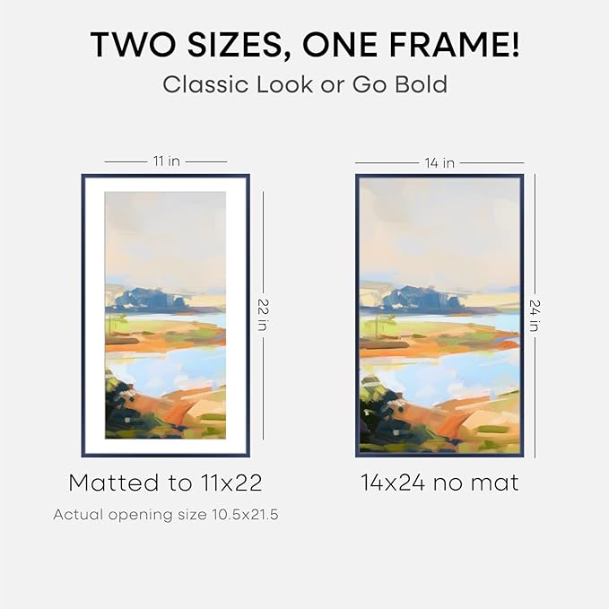 Homeforia 14x24 Picture Frame Navy Blue, High End Metal 14x24 Poster Frames with Mat 11x22 Photo, 14 x 24 Navy Blue Frame Matted to 11 by 22 Print, 24x14 Thin Frame, Tempered Glass, Wall Kit, Set of 1