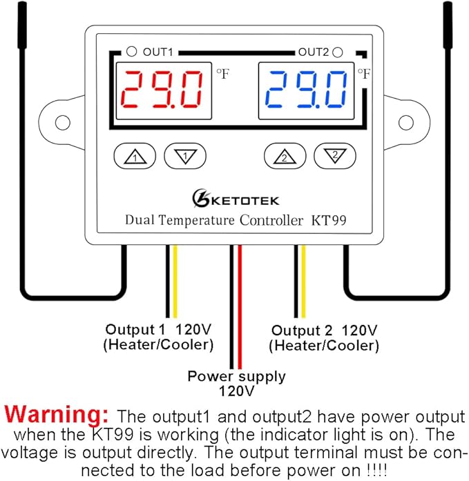 KETOTEK Digital Dual Temperature Controller 120V Fahrenheit Thermostat 10A with 2 1.5m Waterproof Probes, Heating Cooling Temperature Control Switch Refrigerator Fan Heater