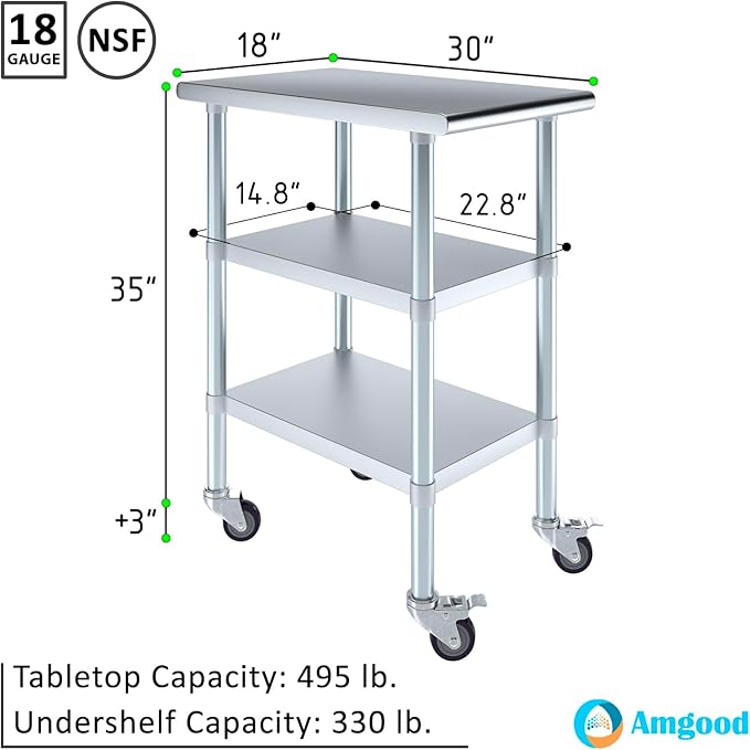 AmGood Stainless Steel Work Table with 2 Shelves and Casters | Metal Utility Table On Wheels (Stainless Steel Work Table with 2 Shelves + Casters, 18" Long x 30" Deep)