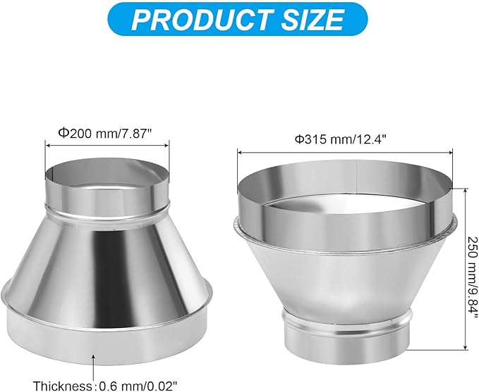 PATIKIL 12 Inch to 8 Inch Round Duct Reducer Increaser Connector, Galvanized Steel Air Duct Adapter Pipe Fitting for Bathroom Kitchen Inline Ventilation Systems, Silver Tone