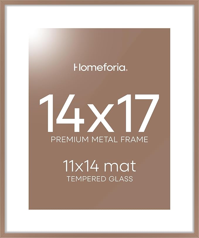 Homeforia 14x17 Picture Frame Mocha, High End Metal 14 x 17 Poster Frames with Mat 11 x 14 for Photo, 14x17 Mocha Frame Matted to 11x14 inch Print, 17x14 Thin Frame, Tempered Glass, Wall Kit, Set of 1