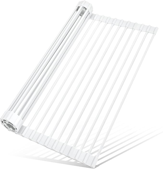 MERRYBOX Roll Up Over The Sink Dish Drying Rack Silicone Wrapped Foldable, Heat-Resistant, Anti-Slip Sink Rack Multipurpose Dish Drainer for Kitchen Sink Counter - White, 17.5" x 11"