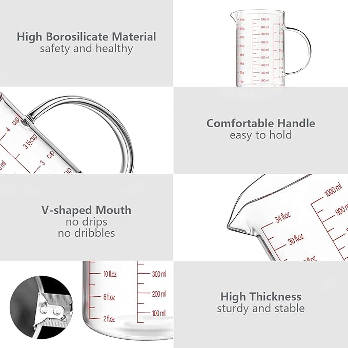 WhiteRhino 4Cup/1000ML Glass Liquid Measuring Cup With Handle,High Borosilicate Glass Three Scales (OZ, Cup, ML/CC) for Kitchen or Restaurant, V-Shaped Spout Glass Measuring Beaker,Easy To Read(34oz)