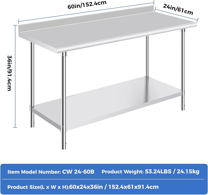 OSTBA Stainless Steel Table for Prep & Work 24x60 Inches with Backsplash, NSF Metal Commercial Heavy Duty Table with Adjustable Undershelf and Foot for Restaurant Kitchen Home and Hotel