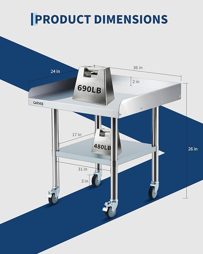 Garvee Stainless Steel Work Table, 24x36x26 Inch Commercial Food Prep Worktable with Wheels, Detachable 3-Sided Backsplash & Height-Adjustable Shelf, Heavy Duty Workbench for Kitchen Restaurant Garage