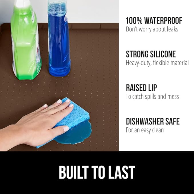 GORILLA GRIP Waterproof Silicone Under Sink Mat with Raised Lip for Kitchen and Bathroom, Cabinet Shelf Liner Stay in Place Mats Dishwasher Safe Drawer Liner, Organizer Tray, 19 x 22 in, Coffee