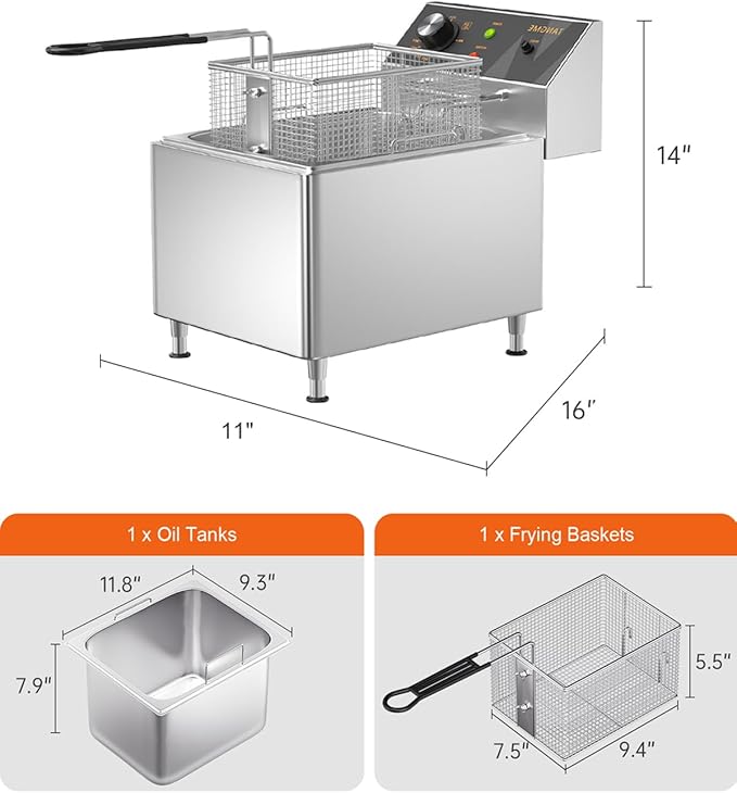 TANGME Deep Fryer with Single Basket, 1750W Electric Countertop Fryer 12.7Qt Heavy Duty Large Commercial Deep Fryers with Lid and High Legs for Restaurant, UL Certified
