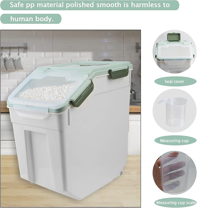 2 Pack Rice Storage Container with Measuring Cup 50 lb Flour Storage Container with Wheels, BPA Free Food Storage Container Dog Cat Food Bin Set for Dry Food Sugar, Cereal(Green)