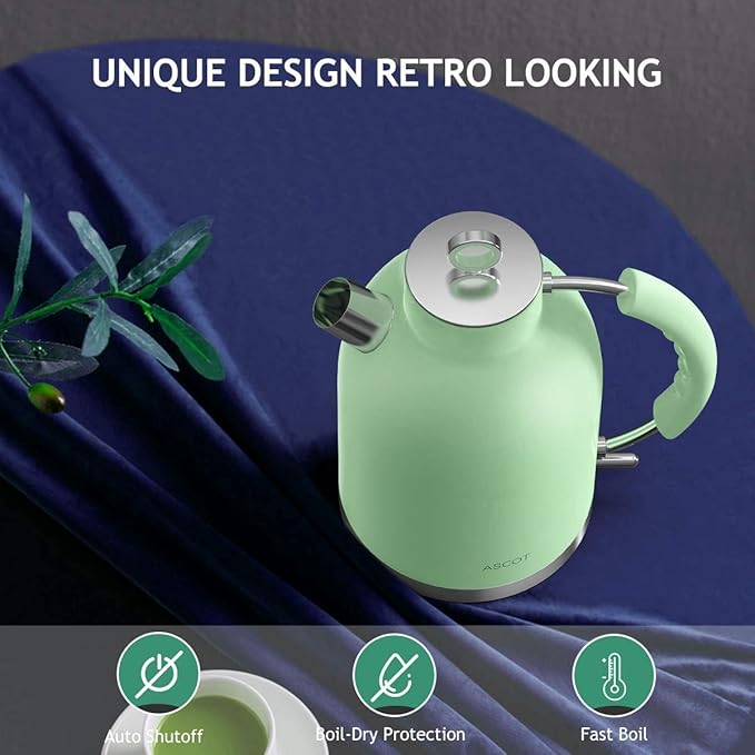 ASCOT Electric Kettle, Stainless Steel Tea Boiler 1.6qt 1500W Retro Tea Heater & Boiling Kettle, Auto Shut-Off and Boil-Dry Protection(Matte Green)