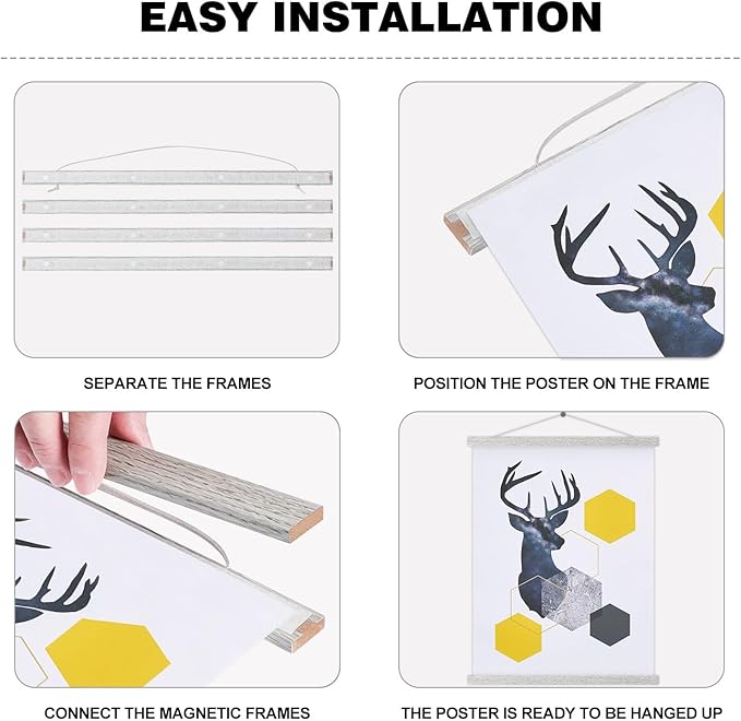 Magnetic Poster Hanger, 11x17 11x14 11x22 Poster Frame Wood Wooden Magnet Print Posters Dowel Scroll Hanger Hangers Hanging Kit for Walls Map Canvas Artwork (Grey, 11")