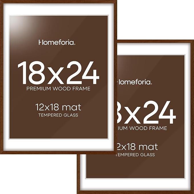 Homeforia 18x24 Walnut Poster Frame, High End Dark Oak 18x24 Brown Wooden Picture Frames with Mat 16x20, 18 x 24 Wood Frame Matted to 16 by 20, 24x18 Hanging Frames, Tempered Glass, Wall Kit, Set of 2
