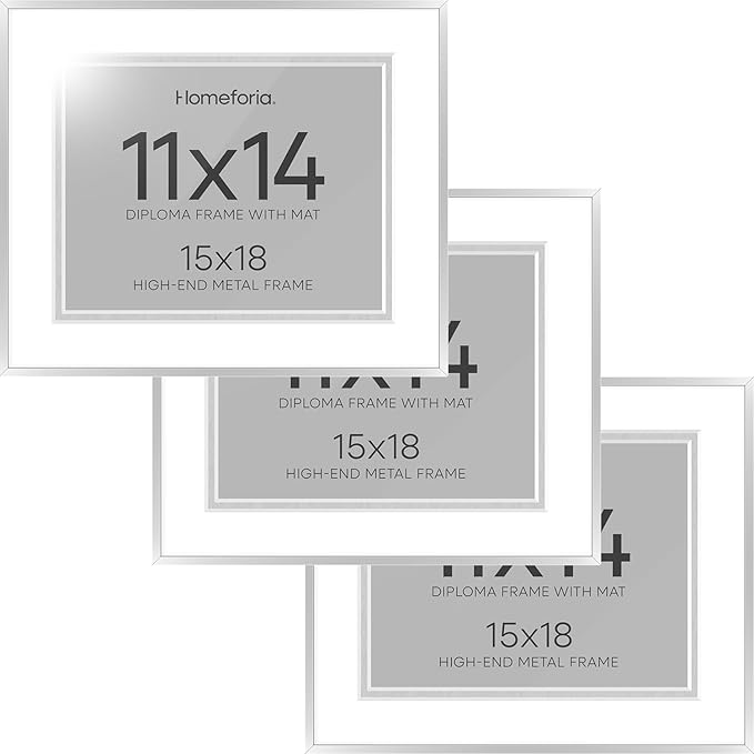 Homeforia 15x18 Diploma Frame Silver, High End Metal 15 x 18 Certificate Frame with Mat for 11 x 14, 15by18 Document Frame Matted to 11x14, Graduation Degree Frames, Tempered Glass, Wall Kit, Set of 3