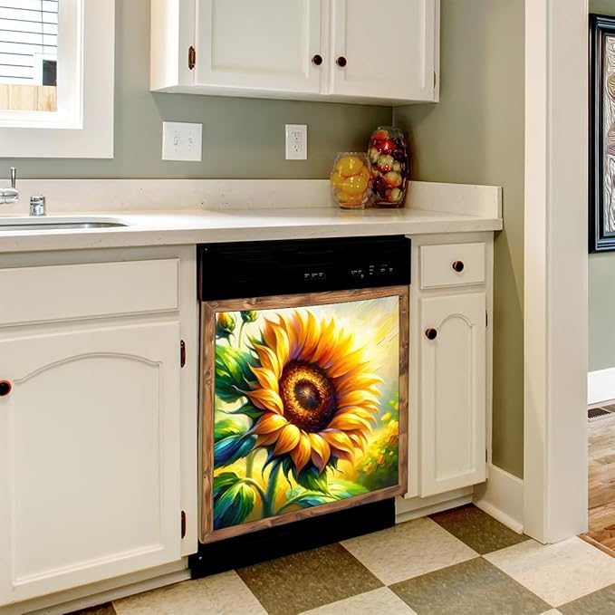 Painting Sunflowers Flower Dishwasher Magnet Cover Front Dishwasher Cover Decor Reusable Magnetic Door Cover Panel Decal Home Appliances Stickers Kitchen Refrigerator Fridge 23"x26"
