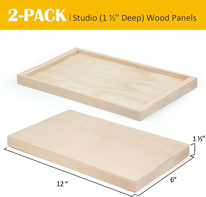 Falling in Art 2 Pack Unfinished Wooden Canvas Panels, 6x12 Gallery Birch Wood Panels Kit, 1 1/2" Deep Art Cradle Boards for Acrylic Painting, Pouring and Burning