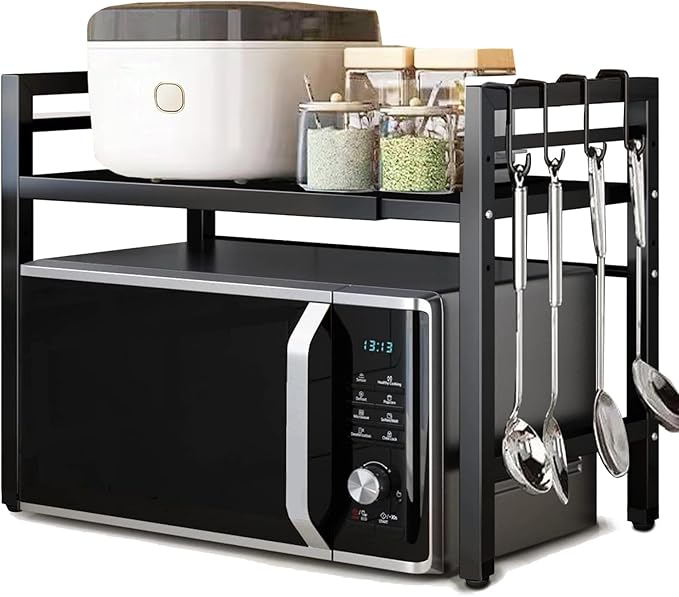 Microwave Oven Rack Expandable Countertop Heavy Duty Microwave Shelf 2-Tier Adjustable Metal Storage Shelf Rack for Kitchen(Black)
