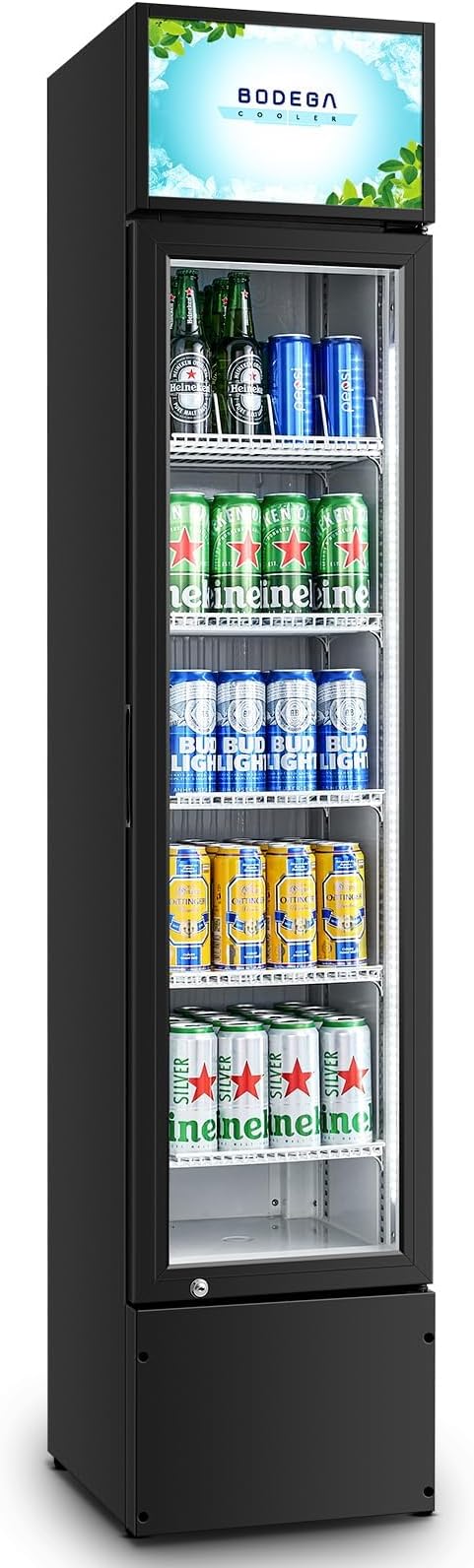 BODEGACOOLER Commercial Merchandiser Refrigerator, Glass Door Commercial Beverage Refrigerator, Beverage Display Cooler with Soft LED Light and Adjustable Shelves, 5.7 Cu. Ft. Single Swing Door, Black