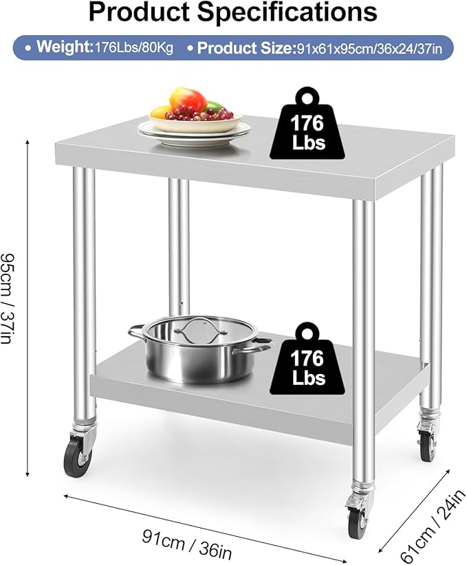 Stainless Steel Table with Caster Wheels, Food Prep Table for Kitchen, Commercial Heavy Duty Metal Table with Adjustable Undershel, Stainless Steel Work Table for Garage Laundry and Hotel (36" x 24")